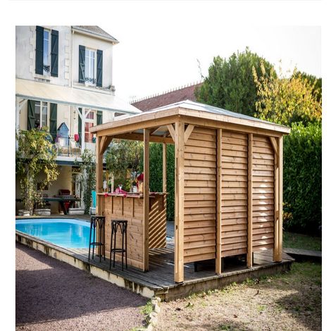 Habrita – Abri de piscine Blueterm 3,50 x 3,50 m – Bois thermochauffé – Toit en panneaux ACP – Ventelles orientables pour aération