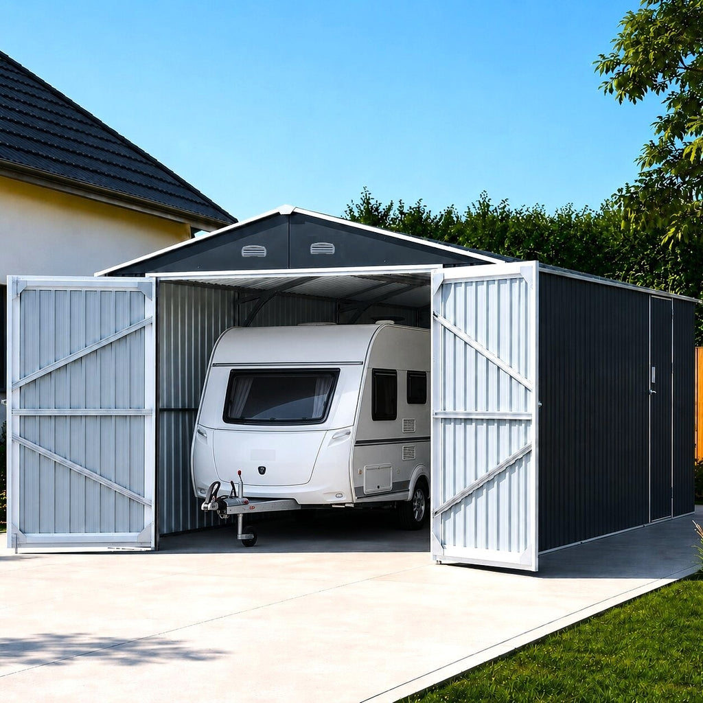 Garage métallique 24 m² | Double porte verrouillable | Porte de service | Anthracite | LX003
