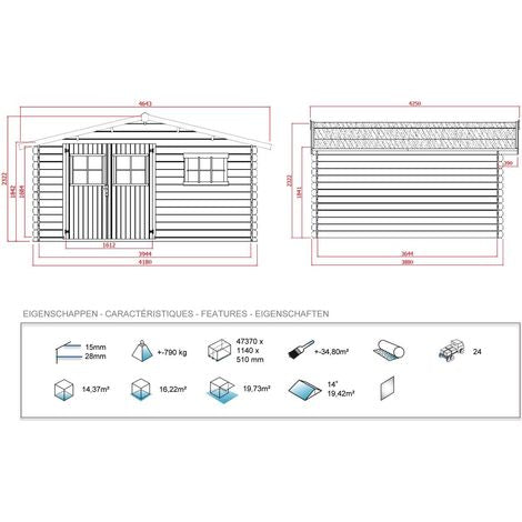 Habitat Et Jardin – Abri de jardin en épicéa 19,72 m² – Dimensions 4,64 x 4,25 x 2,32 m – 2 portes ouvrantes – Toit en panneaux de particules – Fabrication européenne