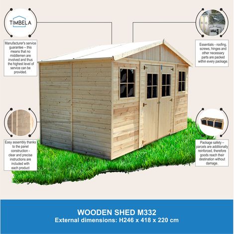 Abri de Jardin en Bois Naturel - Stockage extérieur avec fenêtres- H246x418x220 cm/8 m² hangar en bois naturel - Atelier rangement outils et vélos- TIMBELA M332
