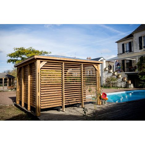 Habrita – Abri de piscine Blueterm 3,50 x 3,50 m – Bois thermochauffé – Toit en panneaux ACP – Ventelles orientables pour aération