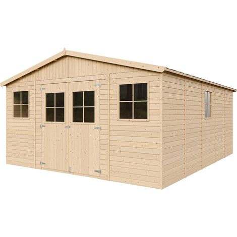 Abri de Jardin en Bois Naturel - Stockage extérieur avec fenêtres- H246x418x522 cm/20 m²-hangar en bois naturel - Atelier rangement outils et vélos- TIMBELA M333