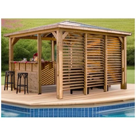 Habrita – Abri de piscine Blueterm 3,50 x 3,50 m – Bois thermochauffé – Toit en panneaux ACP – Ventelles orientables pour aération