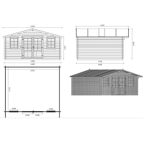 Altanka – Abri de jardin en bois 19,20m² – Dimensions 4,80x4m – Épaisseur 40mm – Toit à deux pentes – Double porte vitrée oscillo-battante