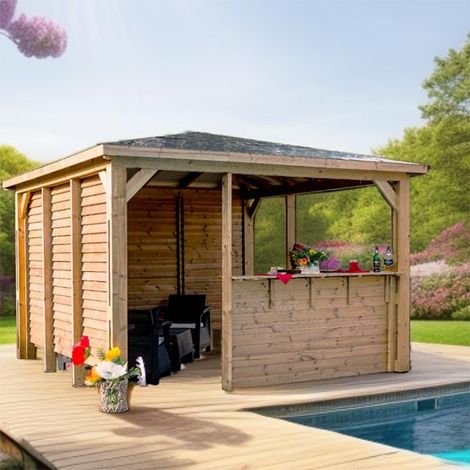 Habrita – Abri de piscine Blueterm 3,50 x 3,50 m – Bois thermochauffé – Toit en panneaux ACP – Ventelles orientables pour aération
