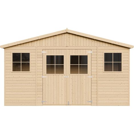 Abri de Jardin en Bois Naturel - Stockage extérieur avec fenêtres- H246x418x220 cm/8 m² hangar en bois naturel - Atelier rangement outils et vélos- TIMBELA M332