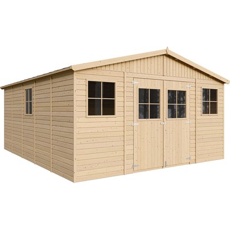Abri de Jardin en Bois Naturel - Stockage extérieur avec fenêtres- H246x418x522 cm/20 m²-hangar en bois naturel - Atelier rangement outils et vélos- TIMBELA M333