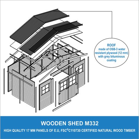 Abri de Jardin en Bois Naturel - Stockage extérieur avec fenêtres- H246x418x220 cm/8 m² hangar en bois naturel - Atelier rangement outils et vélos- TIMBELA M332