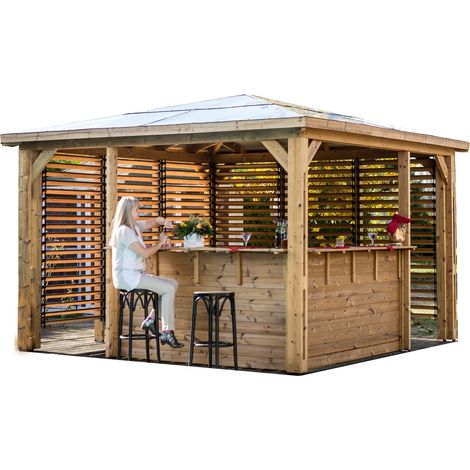 Habrita – Abri de piscine Blueterm 3,50 x 3,50 m – Bois thermochauffé – Toit en panneaux ACP – Ventelles orientables pour aération