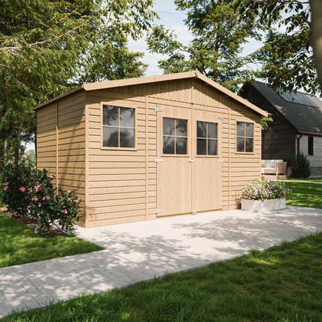 Abri de Jardin en Bois Naturel - Stockage extérieur avec fenêtres- H246x418x220 cm/8 m² hangar en bois naturel - Atelier rangement outils et vélos- TIMBELA M332