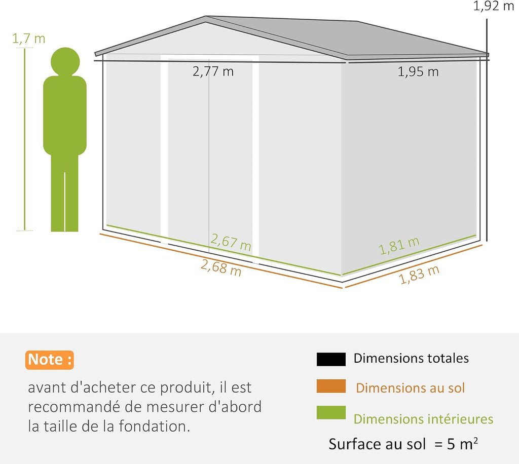 Outsunny Abri de Jardin Acier Galvanisé XXL 5,4 m² Kit Fondation Marron