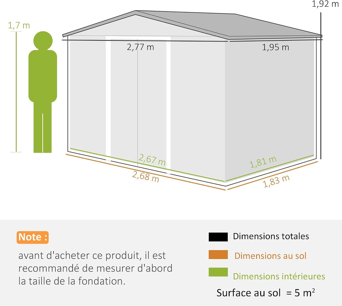 Outsunny Abri de Jardin Acier Galvanisé XXL 5,4 m² Kit Fondation Marron