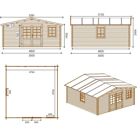 Altanka – Abri de jardin bois 25m² – Dimensions 5x5m – Épaisseur 28mm – Toit à deux pentes – Double porte vitrée – 2 fenêtres ouvrables