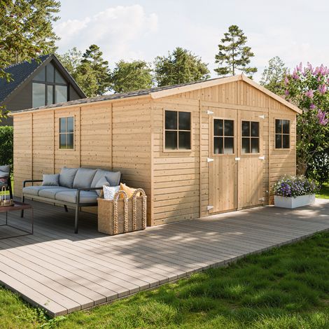 Abri de Jardin en Bois Naturel - Stockage extérieur avec fenêtres- H246x418x522 cm/20 m²-hangar en bois naturel - Atelier rangement outils et vélos- TIMBELA M333