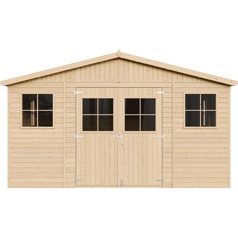 Abri de Jardin en Bois Naturel - Stockage extérieur avec fenêtres- H246x418x522 cm/20 m²-hangar en bois naturel - Atelier rangement outils et vélos- TIMBELA M333