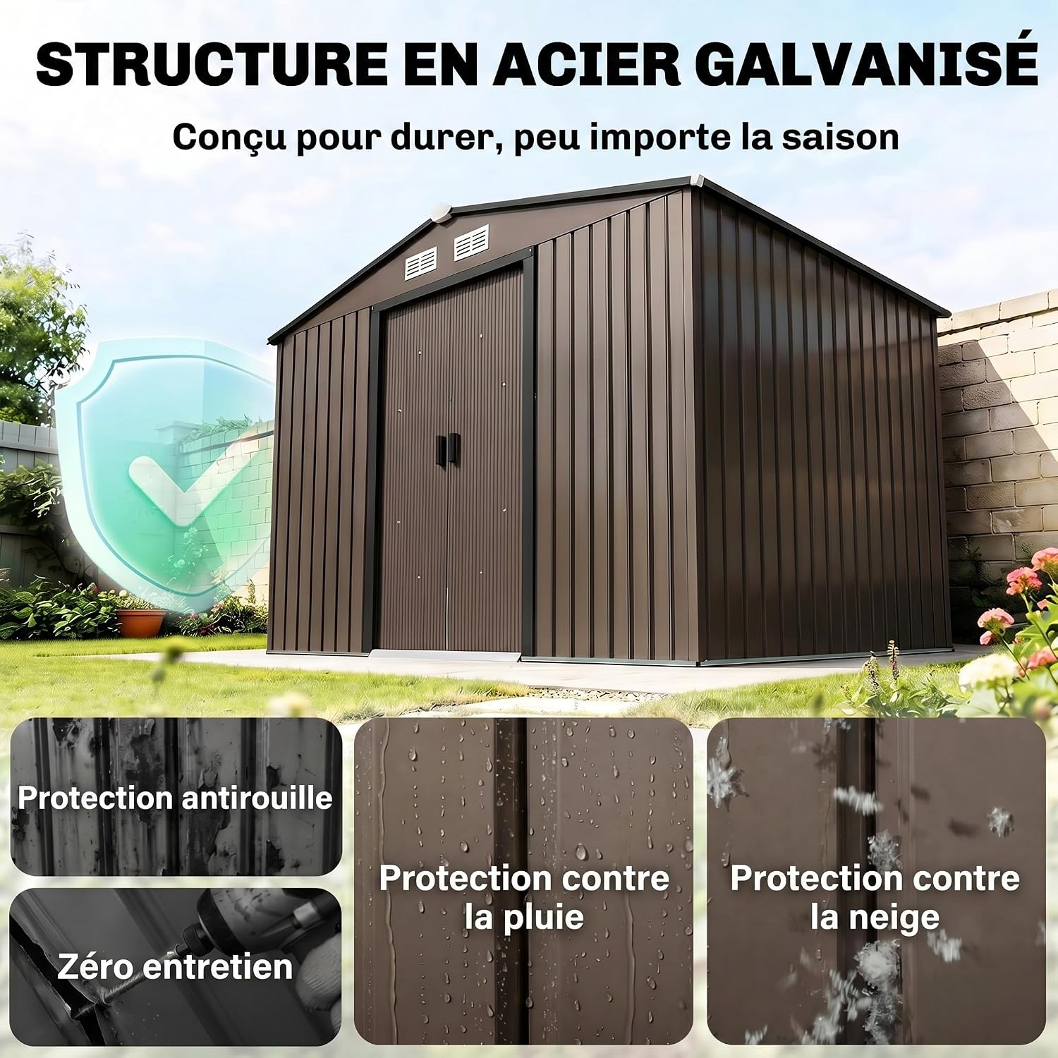 Outsunny Abri de Jardin Acier Galvanisé XXL 5,4 m² Kit Fondation Marron