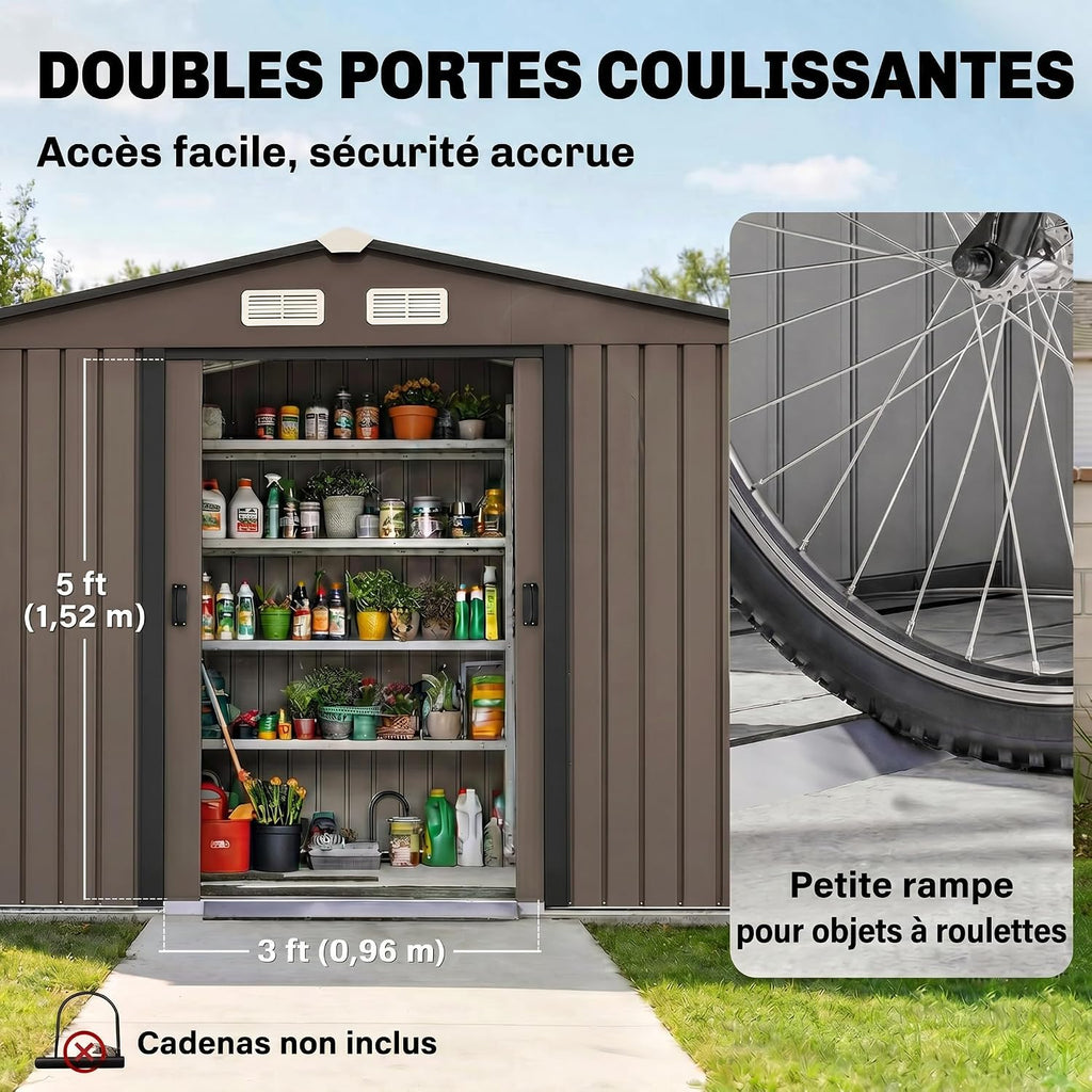 Outsunny Abri de Jardin Acier Galvanisé XXL 5,4 m² Kit Fondation Marron