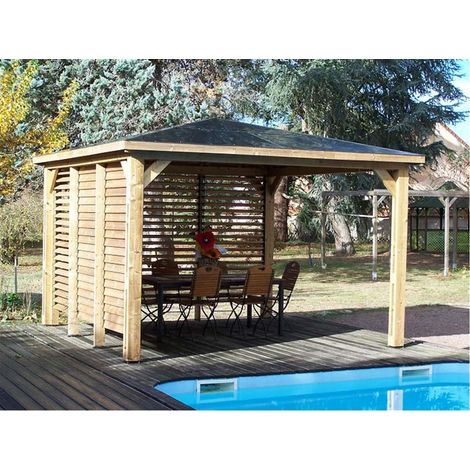 Habrita – Abri de piscine Blueterm 3,50 x 3,50 m – Bois thermochauffé – Toit en panneaux ACP – Ventelles orientables pour aération