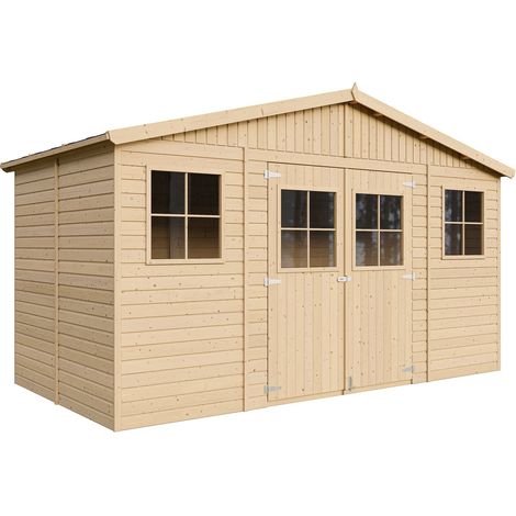 Abri de Jardin en Bois Naturel - Stockage extérieur avec fenêtres- H246x418x220 cm/8 m² hangar en bois naturel - Atelier rangement outils et vélos- TIMBELA M332
