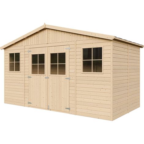 Abri de Jardin en Bois Naturel - Stockage extérieur avec fenêtres- H246x418x220 cm/8 m² hangar en bois naturel - Atelier rangement outils et vélos- TIMBELA M332