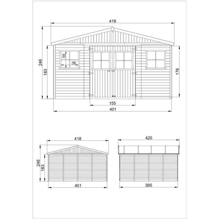Abri de jardin en bois 15,84m² TIMBELA - Pin / épicéa - Ep.17mm - M330