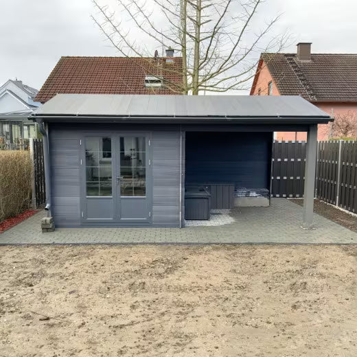 Abri de jardin en bois composite gris foncé 9m² + 9m² terrasse - Woodlife Garden