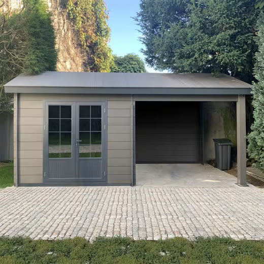 Abri de jardin en bois composite gris foncé 9m² + 9m² terrasse - Woodlife Garden