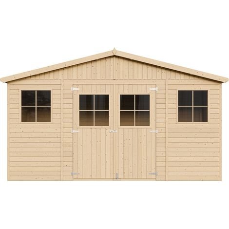 Abri de Jardin en Bois Naturel - Stockage extérieur avec fenêtres- H246x418x220 cm/8 m² hangar en bois naturel - Atelier rangement outils et vélos- TIMBELA M332 - ABRIS DISTRI