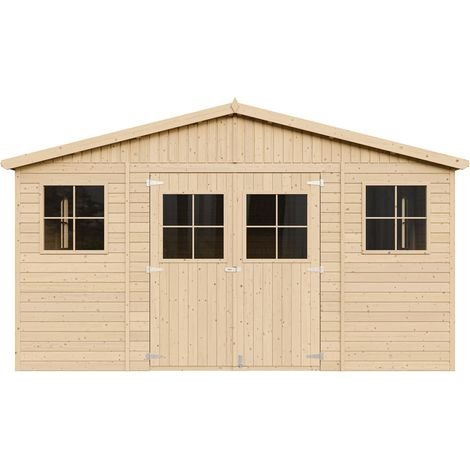 Abri de Jardin en Bois Naturel - Stockage extérieur avec fenêtres- H246x418x522 cm/20 m²-hangar en bois naturel - Atelier rangement outils et vélos- TIMBELA M333 - ABRIS DISTRI
