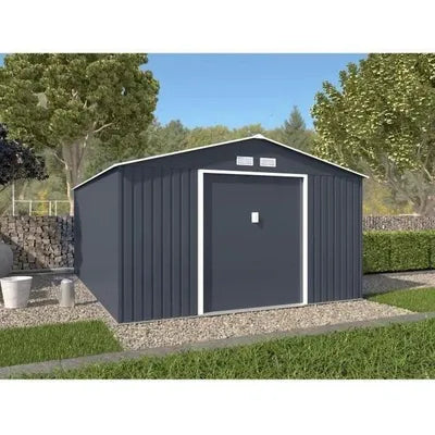 Abri de jardin en métal 15,16 m² - 340 x 446 x 210 - SATURNE - Kit d'ancrage inclus, 2 portes coulissantes - Gris
