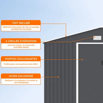 Abri de jardin en métal 15,16 m² - 340 x 446 x 210 - SATURNE - Kit d'ancrage inclus, 2 portes coulissantes - Gris