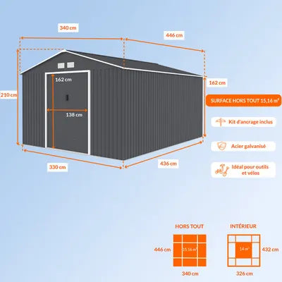 Abri de jardin en métal 15,16 m² - 340 x 446 x 210 - SATURNE - Kit d'ancrage inclus, 2 portes coulissantes - Gris