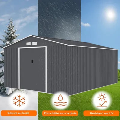 Abri de jardin en métal 15,16 m² - 340 x 446 x 210 - SATURNE - Kit d'ancrage inclus, 2 portes coulissantes - Gris