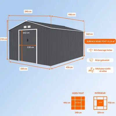 Abri de jardin en métal 15,16 m² - 340 x 446 x 210 - SATURNE - Kit d'ancrage inclus, 2 portes coulissantes - Gris - ABRIS DISTRI