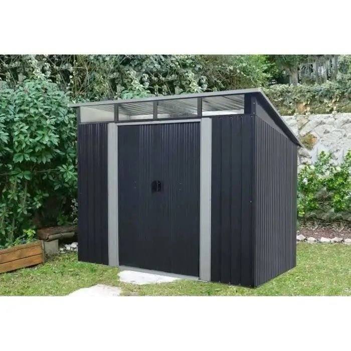 Abri de jardin en métal 4,61 m² - 238 x 193 x 202 cm - SOLER - Kit d'ancrage inclus, 2 portes coulissantes - Gris - ABRIS DISTRI