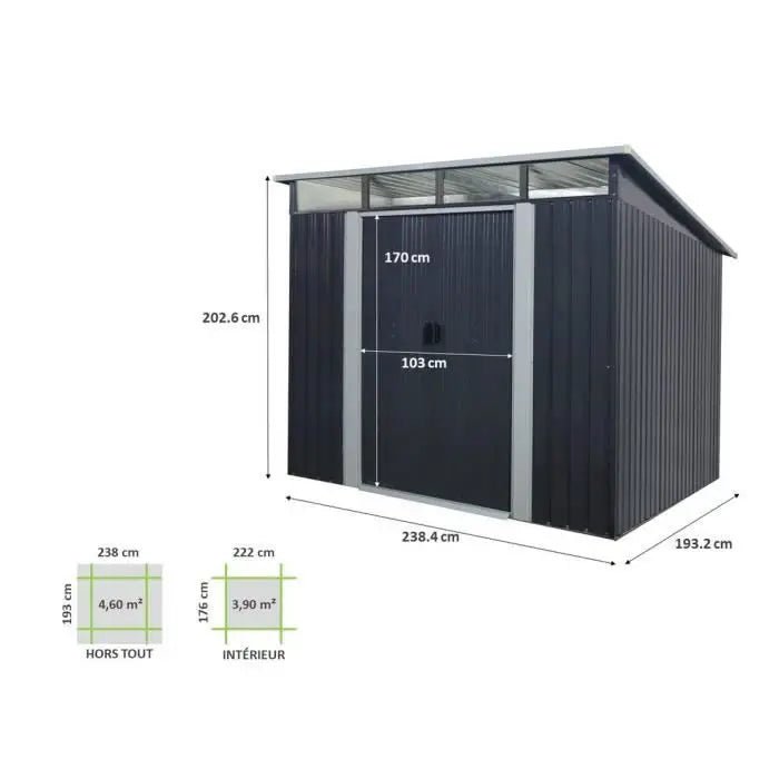 Abri de jardin en métal 4,61 m² - 238 x 193 x 202 cm - SOLER - Kit d'ancrage inclus, 2 portes coulissantes - Gris - ABRIS DISTRI
