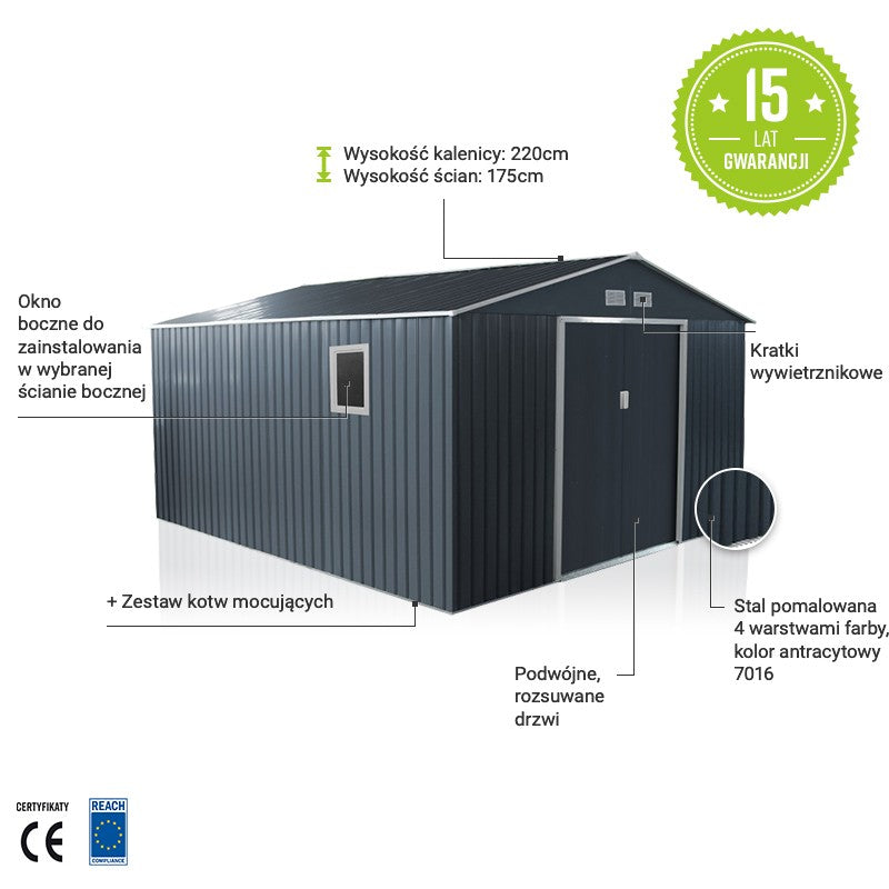 Abri de jardin métal 13m² PLUS anthracite + kit d'ancrage X-METAL