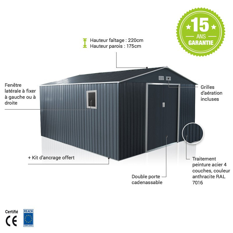Abri de jardin métal 13m² PLUS anthracite + kit d'ancrage X-METAL