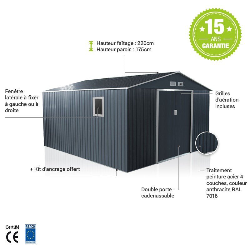 Abri de jardin métal 13m² PLUS anthracite + kit d'ancrage X-METAL - ABRIS DISTRI