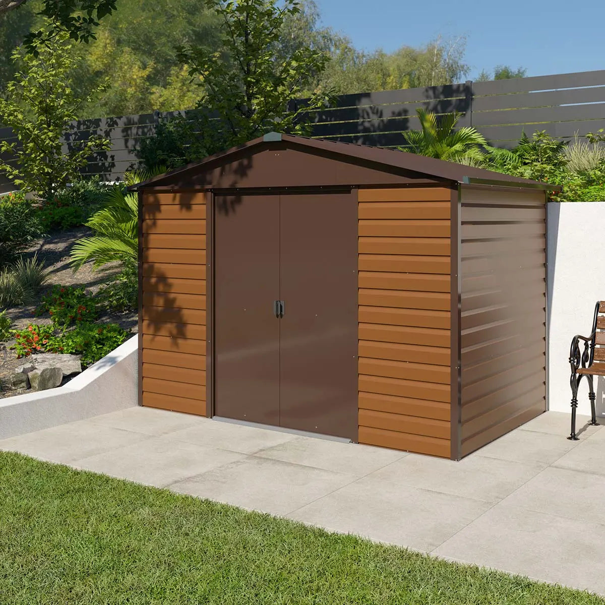 Abri de jardin métal aspect bois Yardmaster 5,3 m² + kit d'ancrage + lampe magnétique