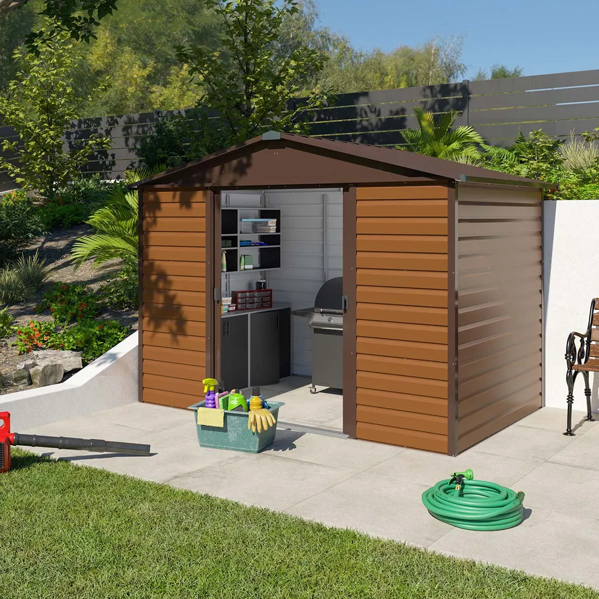 Abri de jardin métal aspect bois Yardmaster 5,3 m² + kit d'ancrage + lampe magnétique