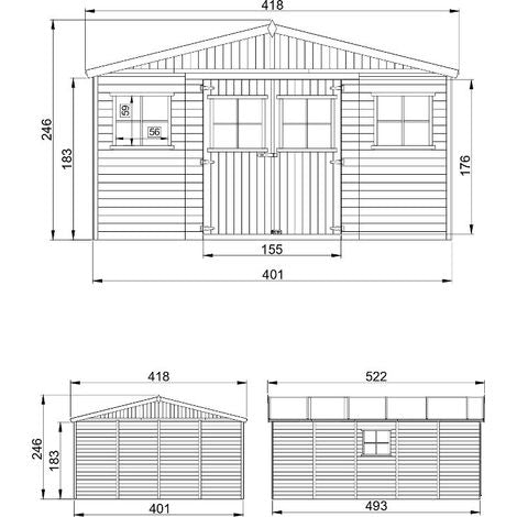 Abri de Jardin en Bois Naturel - Stockage extérieur avec fenêtres- H246x418x522 cm/20 m²-hangar en bois naturel - Atelier rangement outils et vélos- TIMBELA M333