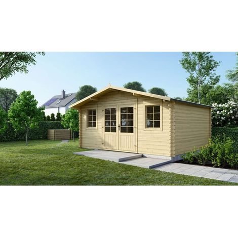 Abri de jardin en bois parois 40 mm Altanka  480x400 cm, toit 2 pentes, double porte vitrée oscillo-battante - Abris Distri