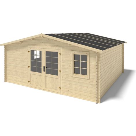 Altanka – Abri de jardin bois 25m² – Dimensions 5x5m – Épaisseur 28mm – Toit à deux pentes – Double porte vitrée – 2 fenêtres ouvrables