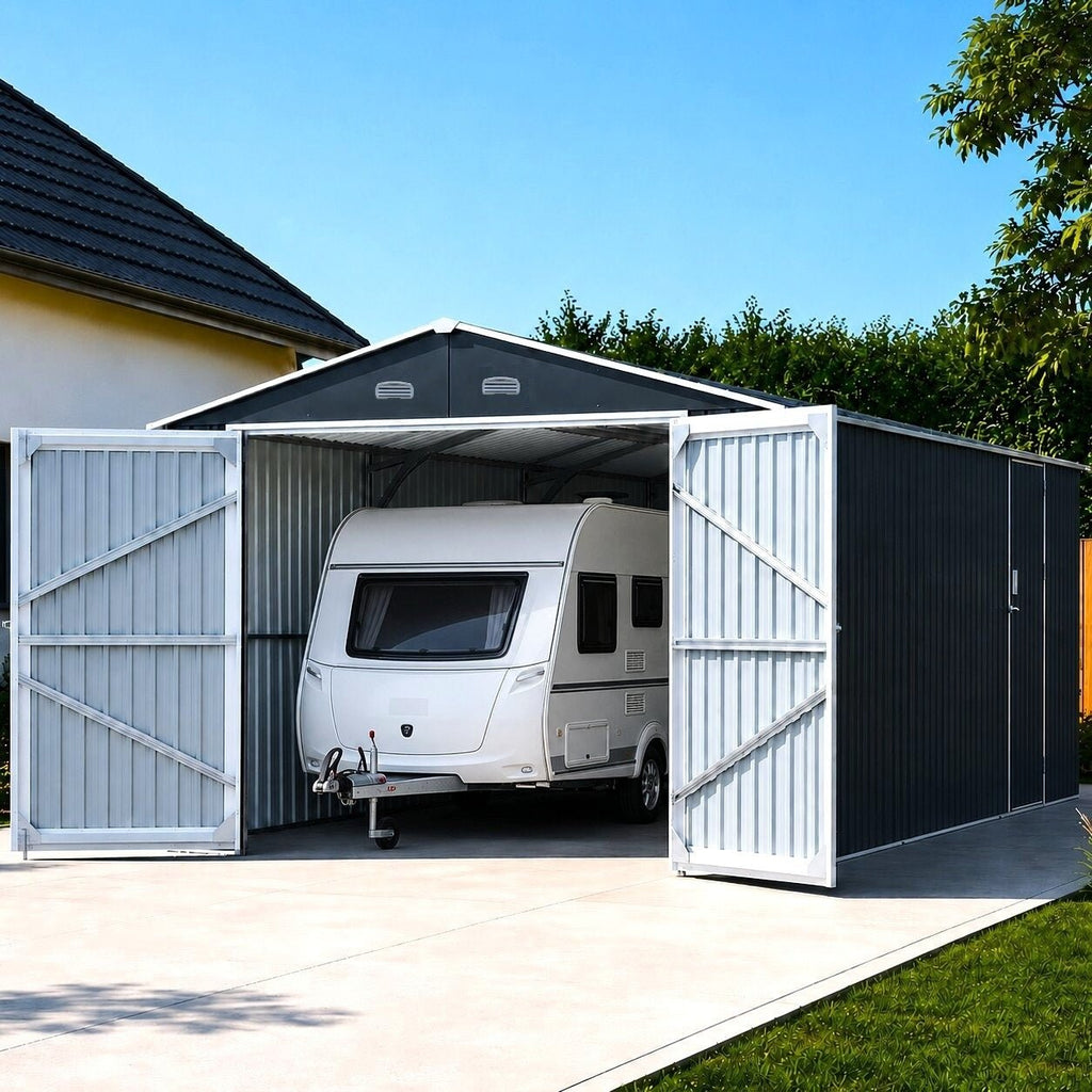 Garage métallique 24 m² | Double porte verrouillable | Porte de service | Anthracite | LX003 - ABRIS DISTRI